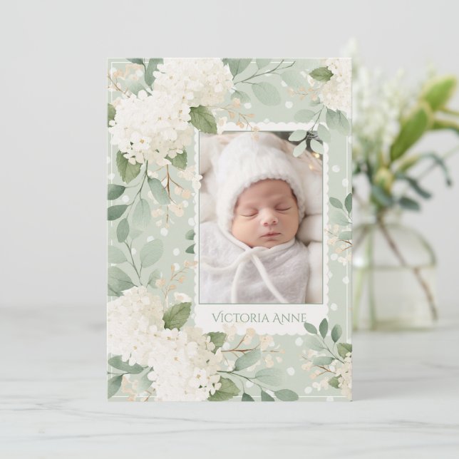 Invitación White Hydrangeas Vintage Baby Birth Announcement (Anverso de pie)