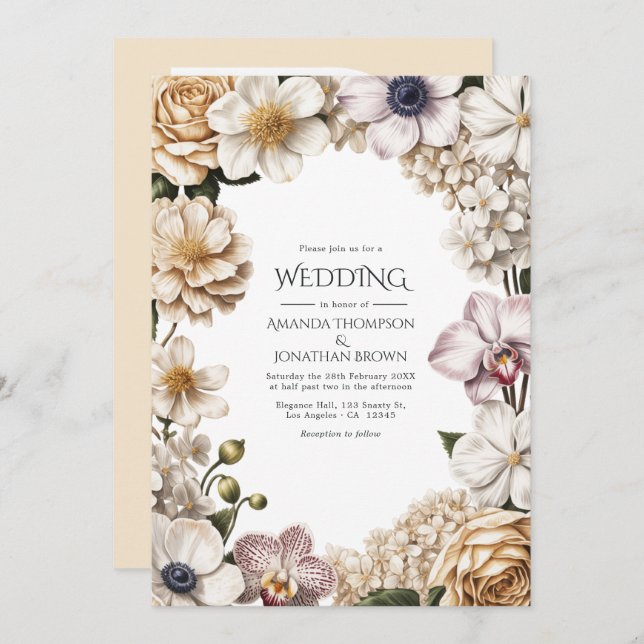 Invitación White, Ivory & Champagne Wedding (Anverso / Reverso)