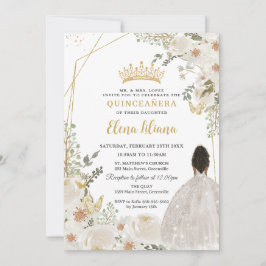 Invitación White Ivory Floral Brown Princess Gold Quinceanera