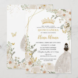 Invitación White Ivory Floral Princess Gold Quinceanera 15 XV