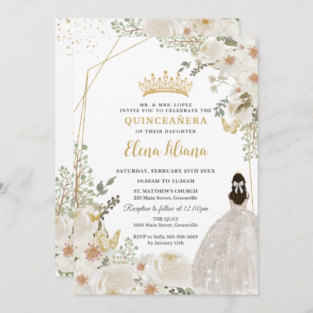 Invitación White Ivory Floral Princess Gold Quinceanera 15 XV (Anverso / Reverso)