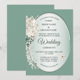 Invitación White Jasmine Floral Green Geometric Wedding