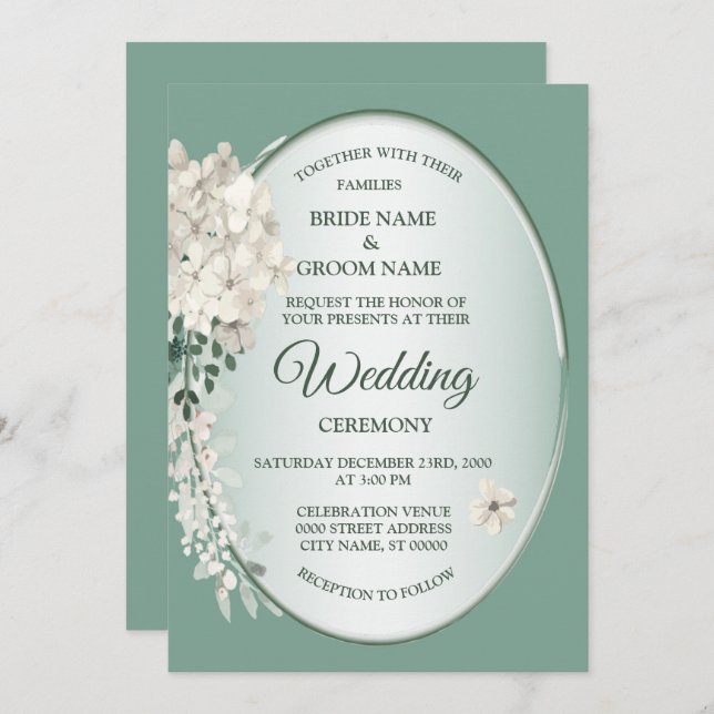 Invitación White Jasmine Floral Green Geometric Wedding (Anverso / Reverso)