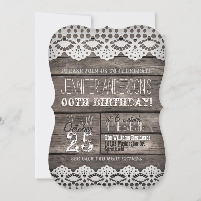 Invitación White Lace y Rustic Brown Wood Adultos Adultos Cum (Anverso)