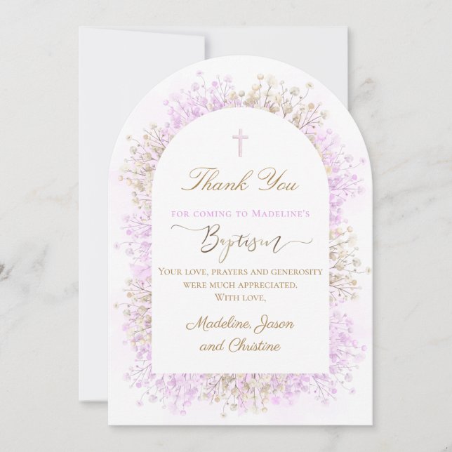 Invitación white lilac flowers Baptism thank you card (Anverso)