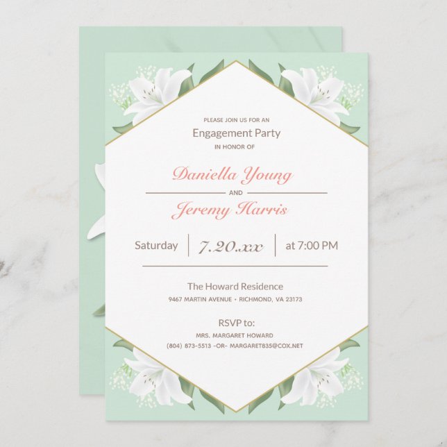 Invitación White Lilies & Mill Mint Engagement Party (Anverso / Reverso)