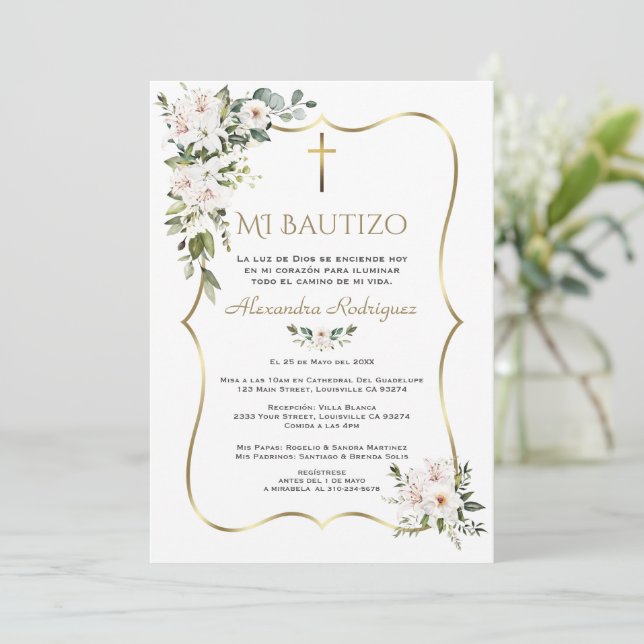 Invitación White Lily Rose Bautizo Con Flores Gold Baptism  (Anverso de pie)