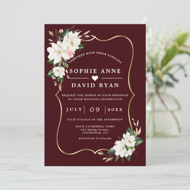 Invitación White Magnolia Deep Burgundy All In One Wedding   (Anverso de pie)