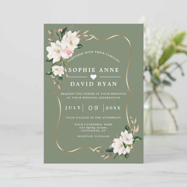 Invitación White Magnolia Sage Green All In One Wedding   (Anverso de pie)