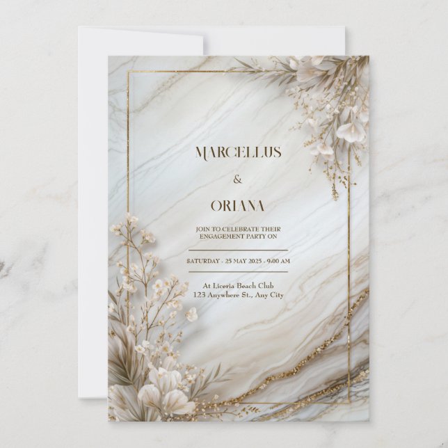 Invitación White Marble Gilded Botanical Wedding (Anverso)