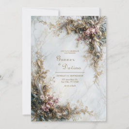 Invitación White Marble Gold Pink Floral Rococo Wedding