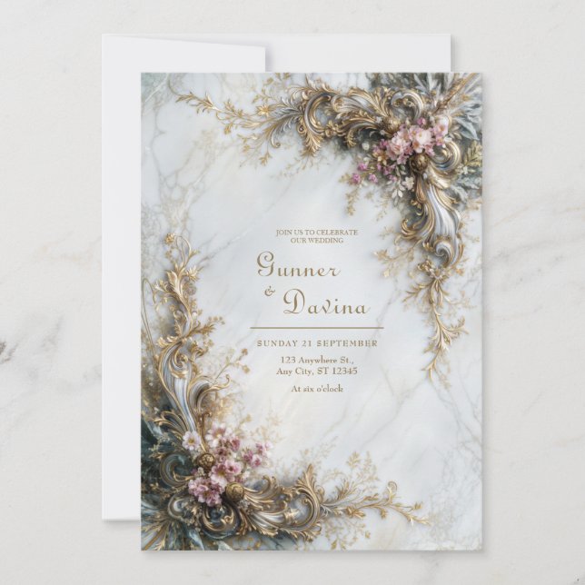 Invitación White Marble Gold Pink Floral Rococo Wedding (Anverso)