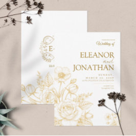 Invitación White Minimalist Gold Floral Elegant Wedding