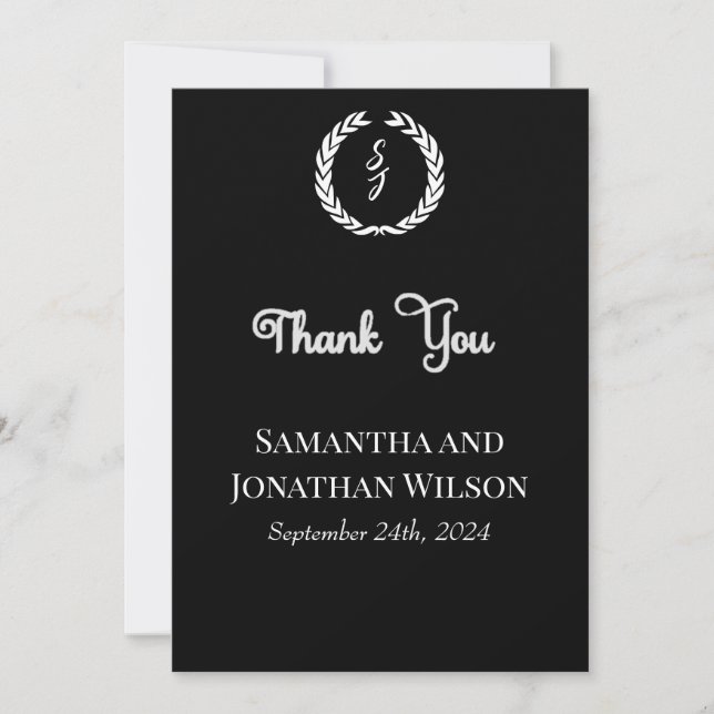 Invitación White Monogram Wreath on black Thank You Card (Anverso)