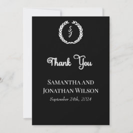 Invitación White Monogram Wreath on black Thank You Card