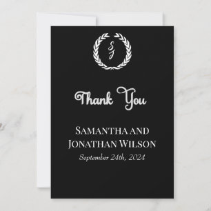 Invitación White Monogram Wreath on black Thank You Card