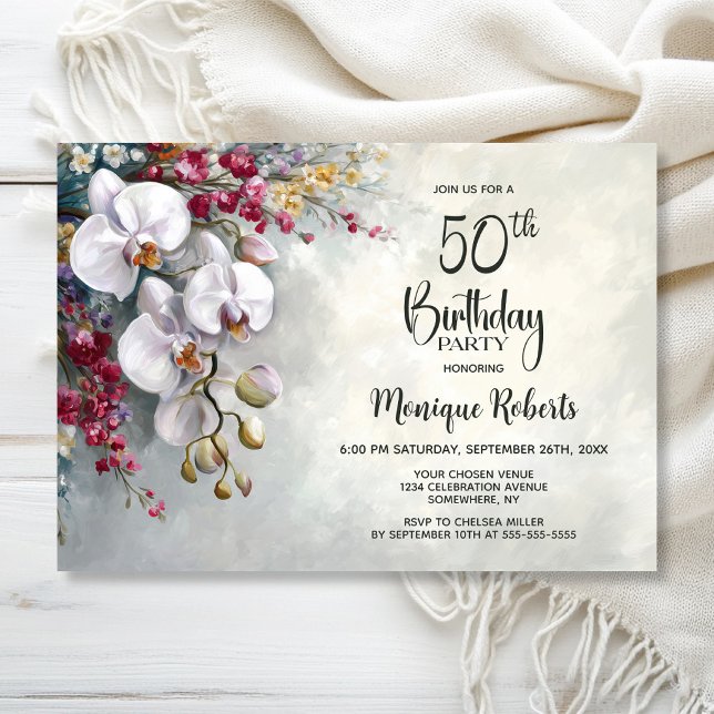 Invitación White Orchid Floral 50th Birthday Party (Subido por el creador)