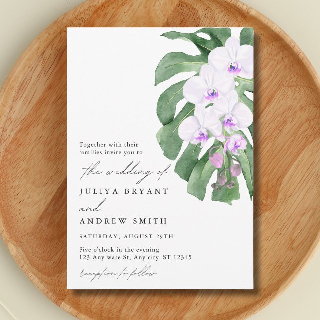 Invitación White Orchid on Tropical leaf script wedding (Subido por el creador)