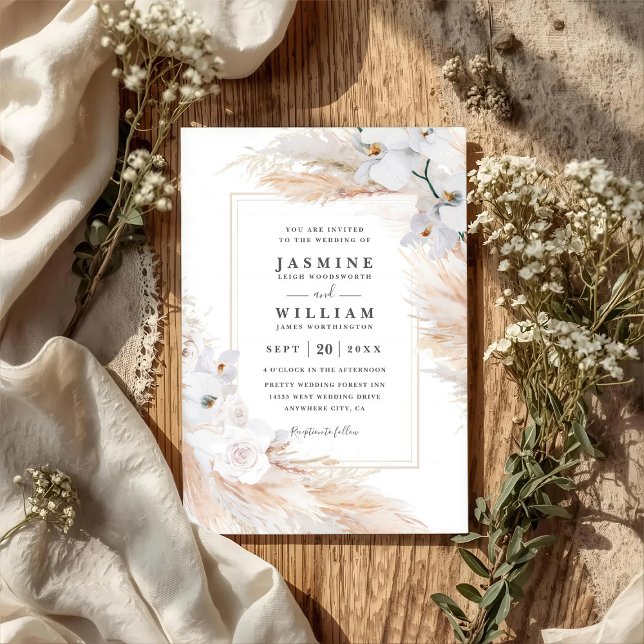 Invitación White Orchids Roses Pampas Grass QR Code Wedding (Subido por el creador)