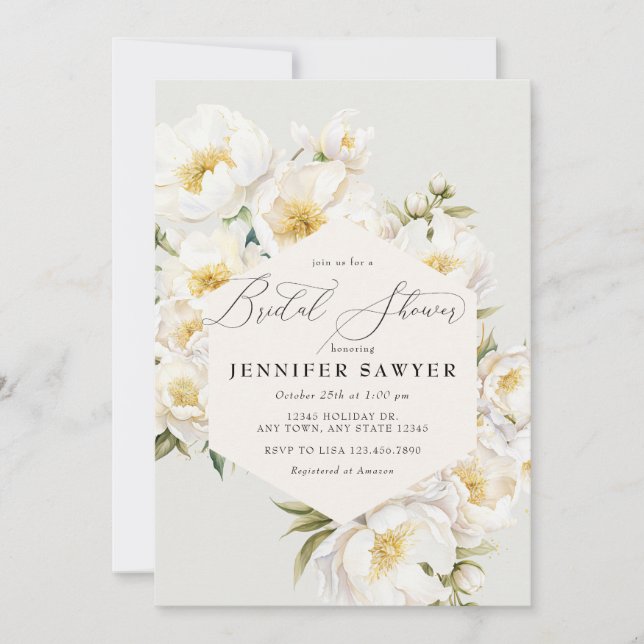 Invitación White Peonies | Elegante Ducha De Novias Florales (Anverso)