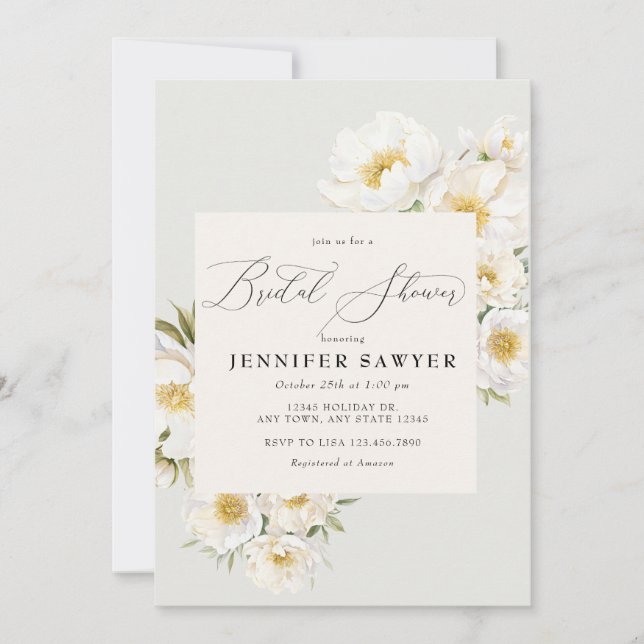 Invitación White Peonies | Elegante Ducha De Novias Florales (Anverso)