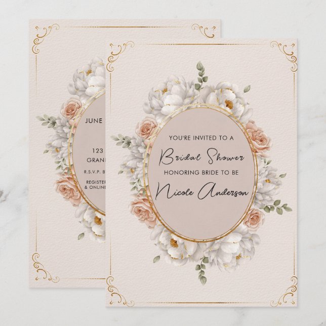 Invitación White Peony & Blush Rose Floral Bridal (Anverso / Reverso)