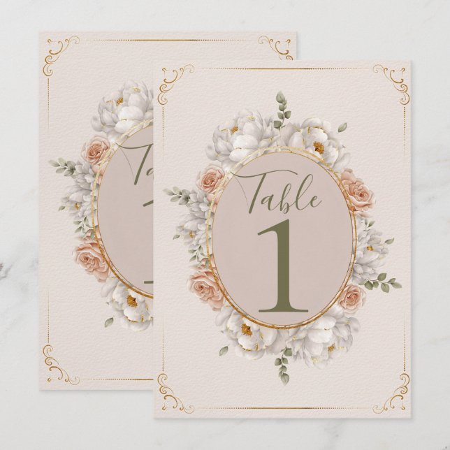 Invitación White Peony & Blush Rose Floral Table Numbers (Anverso / Reverso)