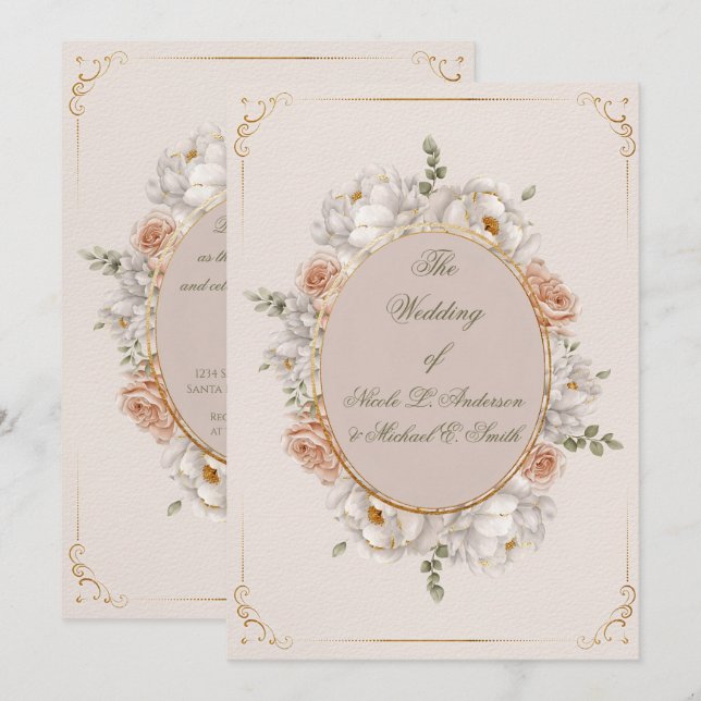 Invitación White Peony & Blush Rose Floral Wedding  (Anverso / Reverso)