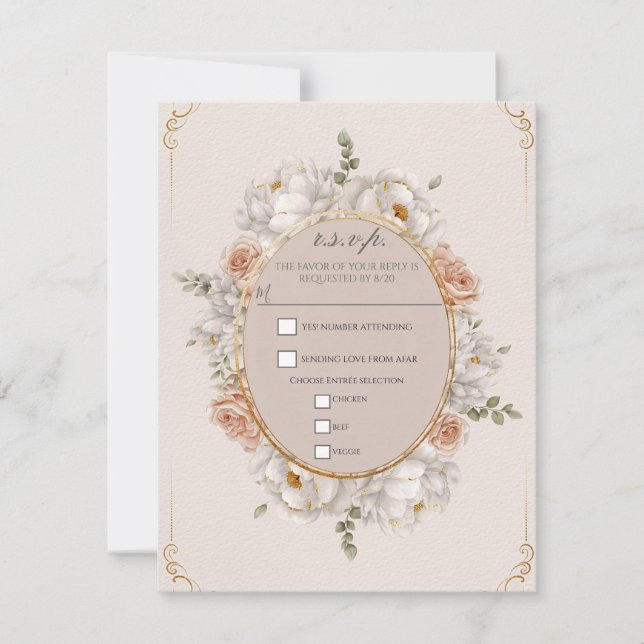 Invitación White Peony & Blush Rose Floral Wedding RSVP (Anverso)