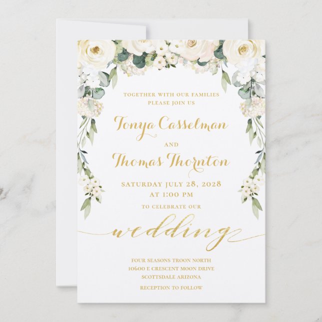 Invitación White Peony Epiphany Boda Calligraphy Gold (Anverso)