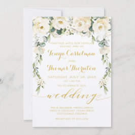 Invitación White Peony Epiphany Boda Calligraphy Gold