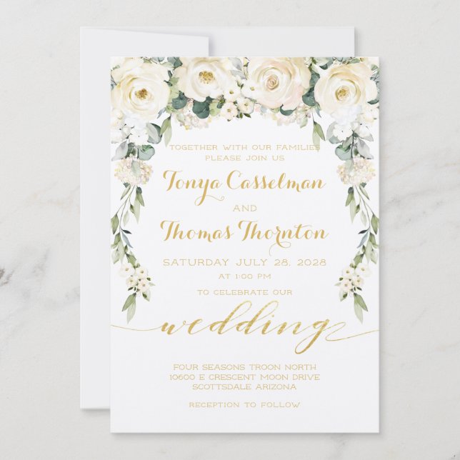 Invitación White Peony Epiphany Boda Calligraphy Gold (Anverso)
