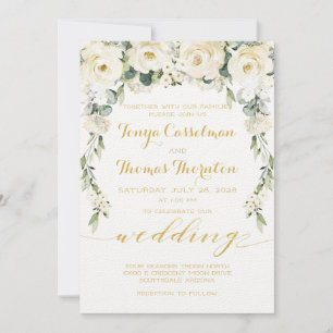 Invitación White Peony Epiphany Boda Calligraphy Gold