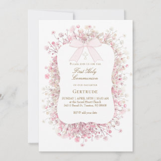Invitación white pink baby's breath flowers First Communion