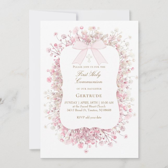 Invitación white pink baby's breath flowers First Communion (Anverso)