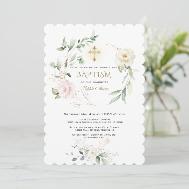 Invitación White Pink Floral Greenery Gold Cross Baptism  (Anverso de pie)