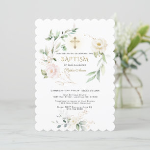 Invitación White Pink Floral Greenery Gold Cross Baptism