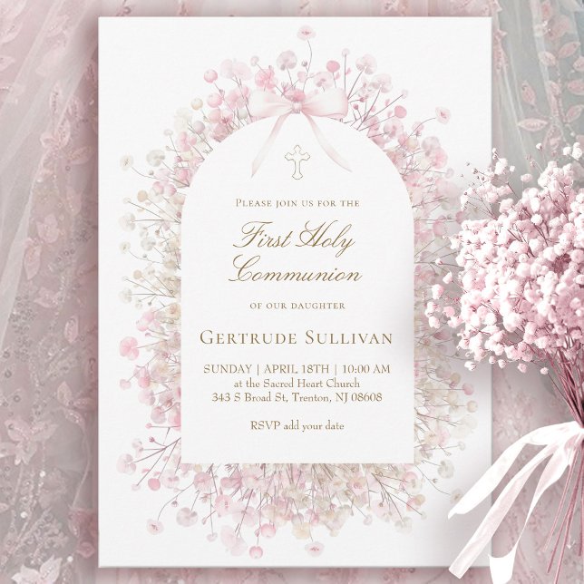 Invitación white pink flowers | First Holy Communion (Subido por el creador)