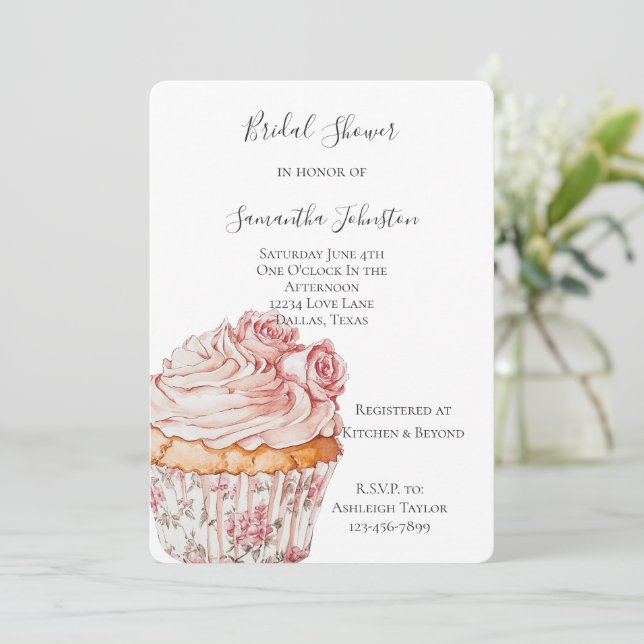 Invitación White Pink Roses Floral Cupcake Bridal Shower (Anverso de pie)