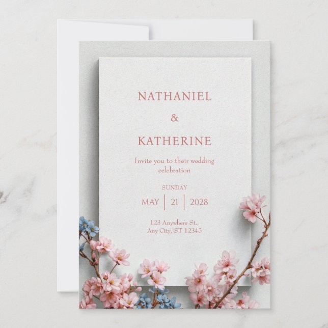 Invitación White Plaster Minimalist Sakura Frame Wedding (Anverso)
