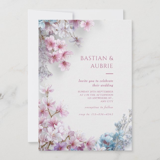 Invitación White Plaster Pink Sakura Botanical Border Wedding (Anverso)