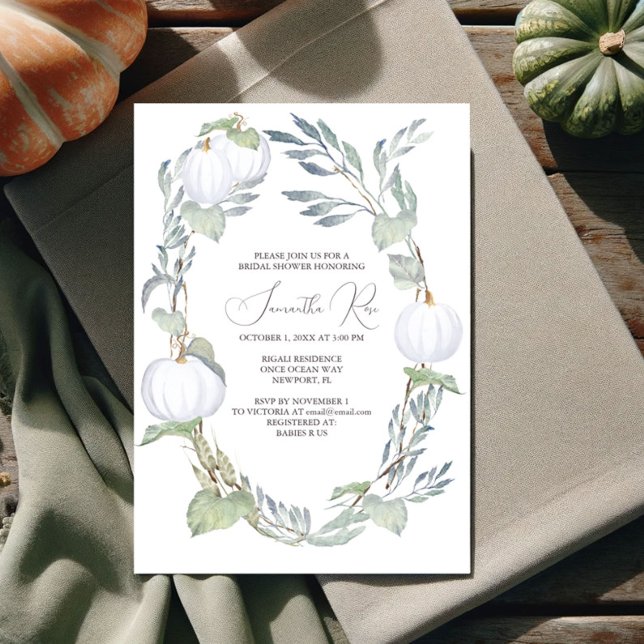 Invitación WHITE PUMPKIN Bridal Shower Green Leaves (Fall bridal shower invitations watercolor white pumpkin with sage green. Shop online for printable )