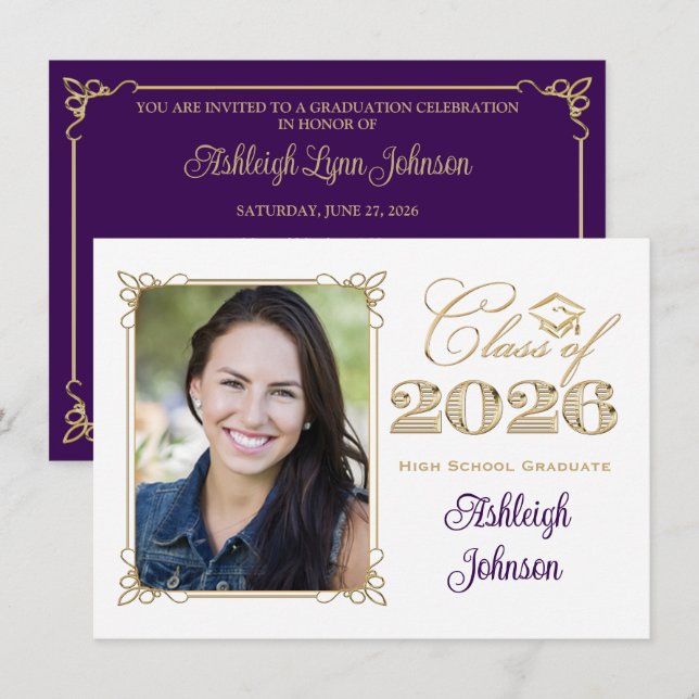 Invitación White, Purple, Gold 2026 Photo Graduation Invite (Anverso / Reverso)
