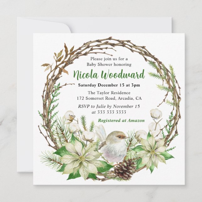 Invitación White Robin y Poinsettia Wreath Baby Shower (Anverso)