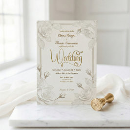 Invitación White Rose 3D Paper Cut Effect Faux Gold Wedding
