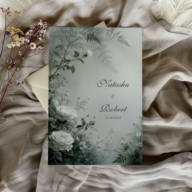 Invitación White Rose and Dusty Gray Fern Winter Wedding (Subido por el creador)