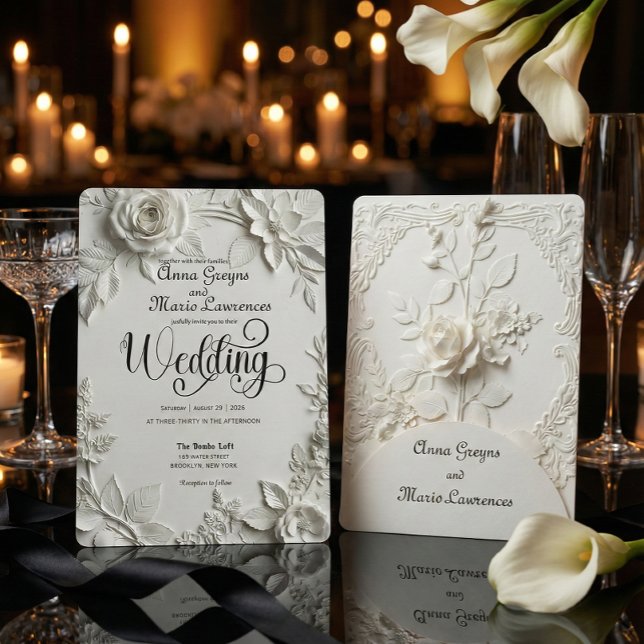 Invitación White Rose Bas Relief Faux Embossed Wedding  (Subido por el creador)