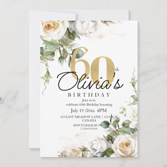 Invitación White Rose  & Gold  Dusty Elegant 60th Birthday (Anverso)