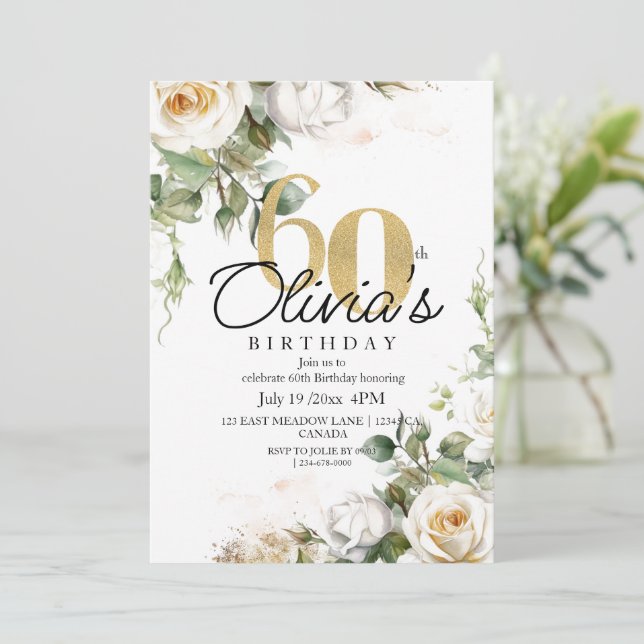 Invitación White Rose  & Gold  Dusty Elegant 60th Birthday (Anverso de pie)