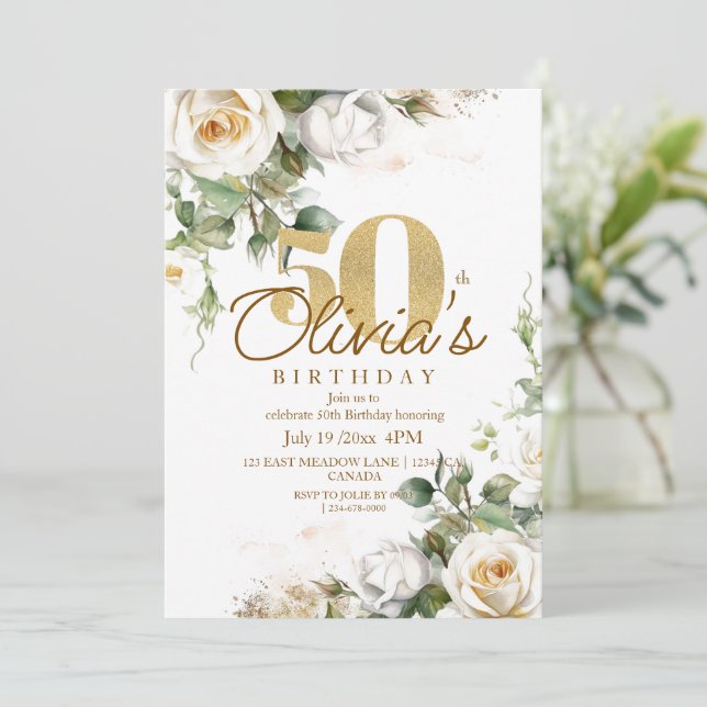 Invitación White Rose Gold Elegant Floral 50th Birthday (Anverso de pie)
